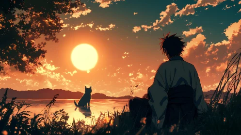 Samurai youth and dog silhouette watching cinematic lake sunset