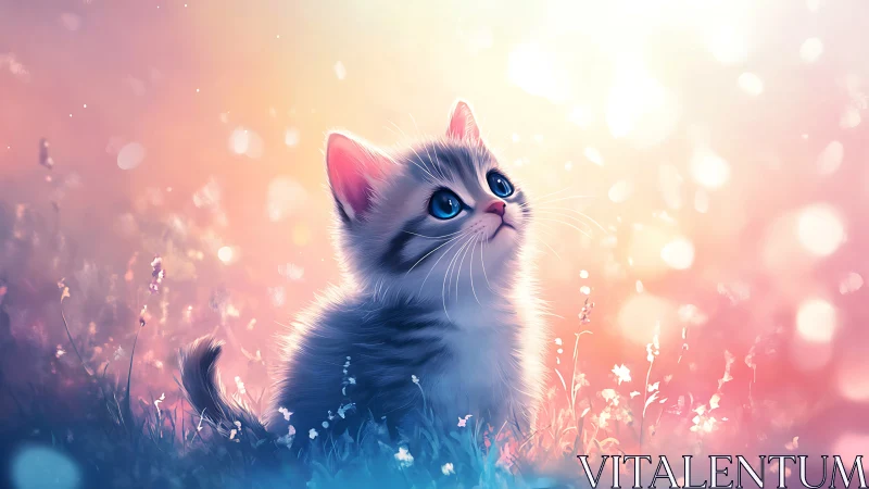 Digitally rendered kitten with iridescent coat displaying luminous bokeh and atmospheric luminance g