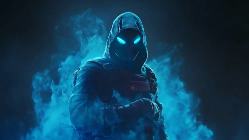 Hooded cyber warrior with glowing blue eyes in smoke.