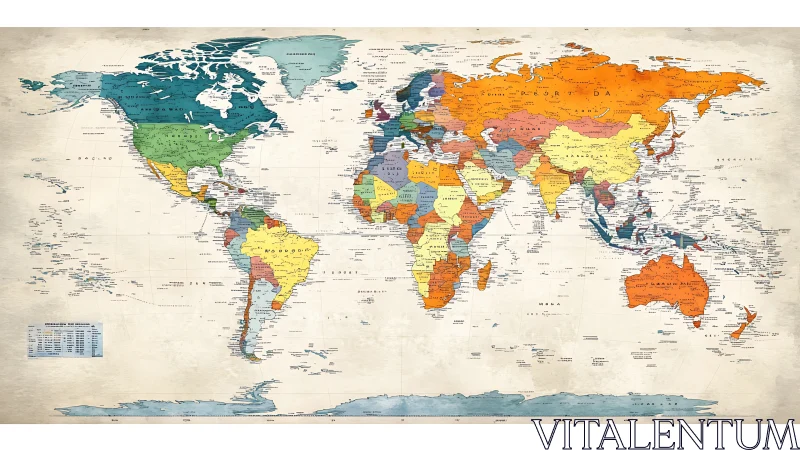 Vintage styled political world map highlights colorful nations
