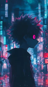 Silhouetted anime boy stands in neon city street at night
