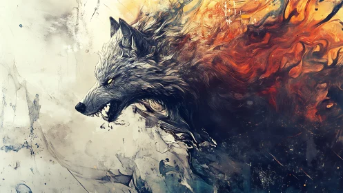 Fierce spirit wolf erupts from swirling fire and ice chaos