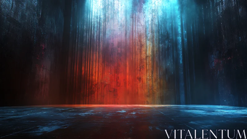 Empty industrial hall with intense red and blue wall light.