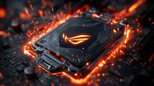 Overclocked gaming GPU module with neon orange thermal glow