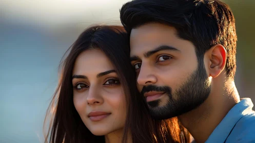 Intimate portrait of couple at golden hour light.