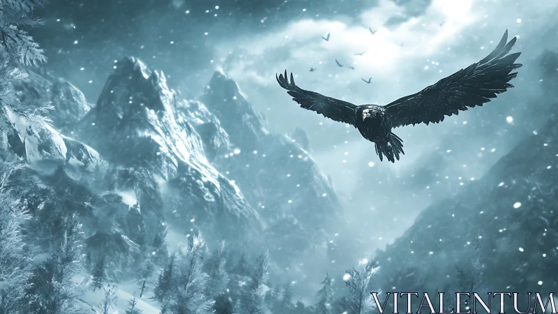 Winter raven gliding through a stormy mountain sky.