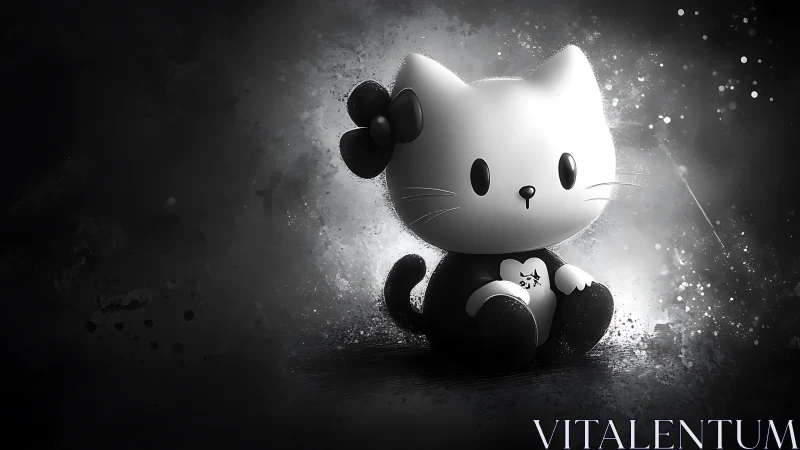 Monochrome chibi cat figurine in dramatic vignette lighting.