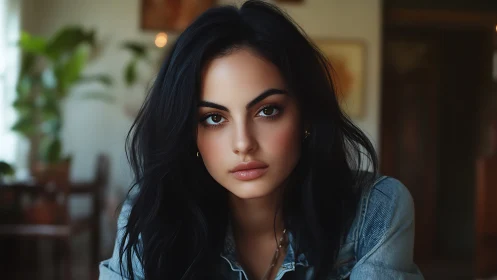 Soft-lit gaze of a dark-haired muse in a cozy studio.