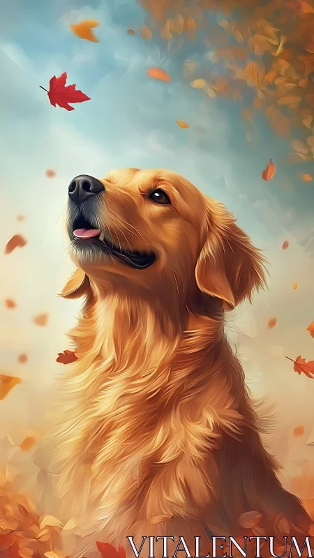 Golden retriever marveling at playful autumn leaves.