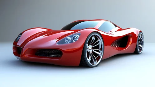 Sculpted red supercar concept with mirrored chrome rims.