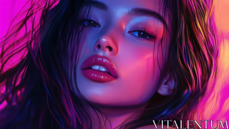 Neon-lit portrait showcases glossy lips and vivid gradients.