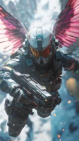 Winged sci fi guardian soaring through a storm of light.