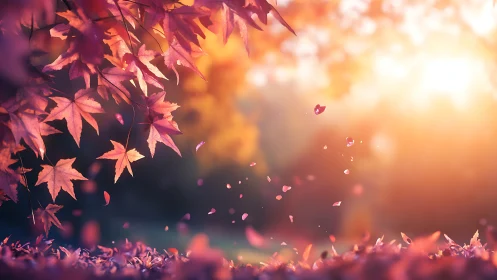 Digital painting of autumn maple canopy in golden backlight.