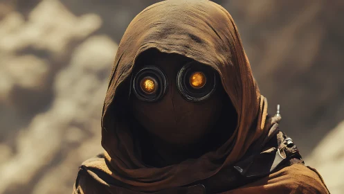 Desert scavenger figure with oxidized goggles and layered fabric cowl