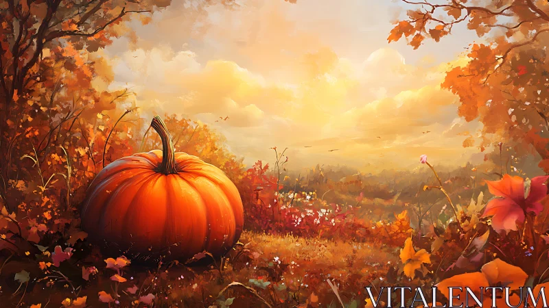 Autumn landscape with oversized pumpkin under glowing sunset sky
