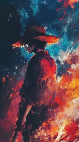Straw hat warrior stands amid swirling fire and smoke