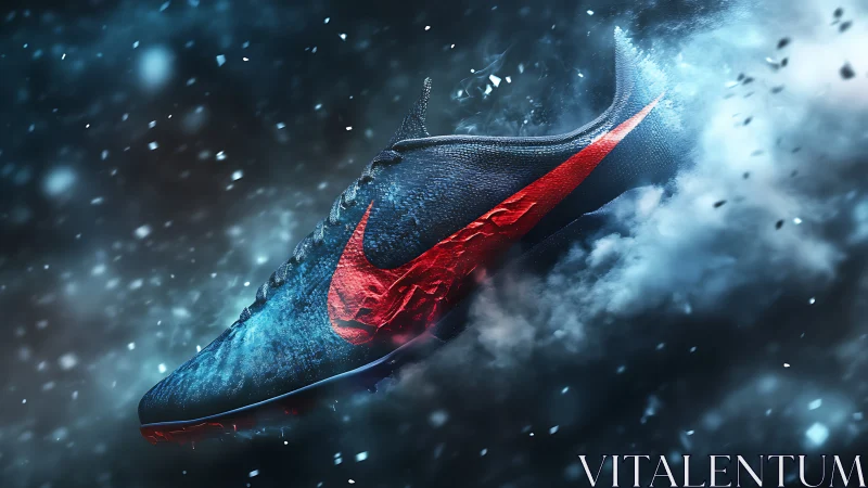 Sports shoe floats in dynamic icy smoke with red accent