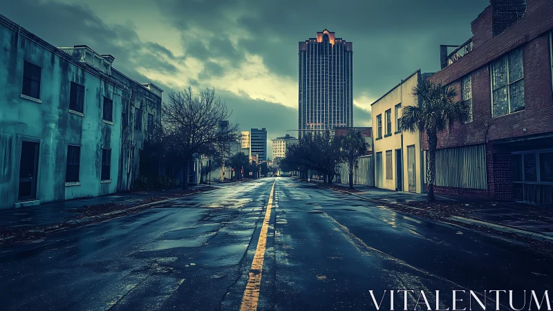 Moody downtown street glowing after a quiet evening rain.