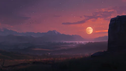 Soft moonrise over violet valleys and quiet distant peaks.