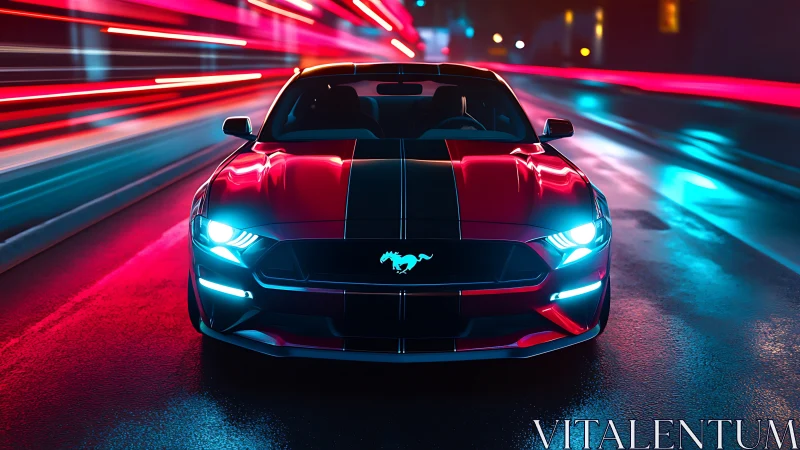 Red sports car with racing stripes on neon city street.