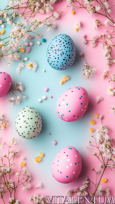 Playful pastel Easter eggs scattered in soft spring blooms.