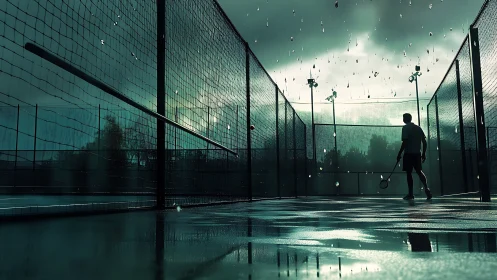 Rainy tennis court welcomes a lone player in moody evening light