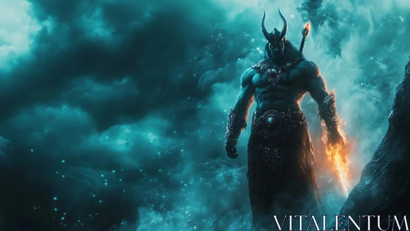 Demonic warlord emerges from storm with blazing sword.