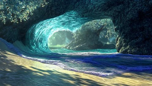 Emerald Wave Tunnel Through Coastal Cave Formation.