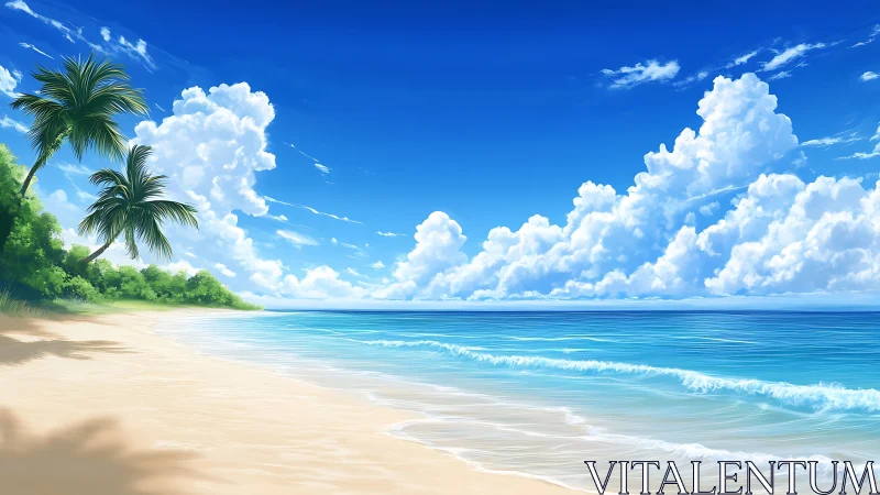 Tropical Paradise Beach with Palm Fronds and Billowing Clouds.