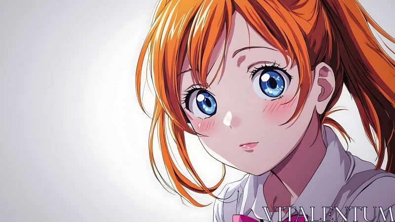 Orange haired anime girl portrait on light background.