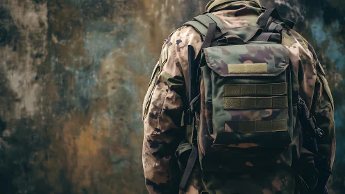 Rear tactical view of camouflaged military pack system.