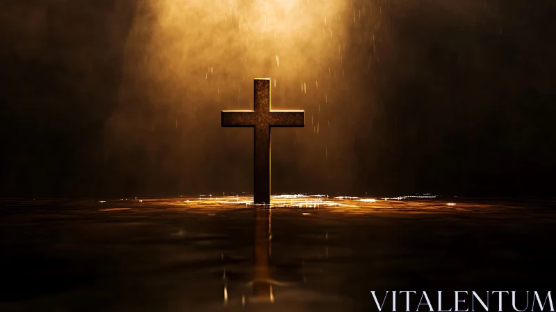 Golden cross rising from reflective water under spotlight.