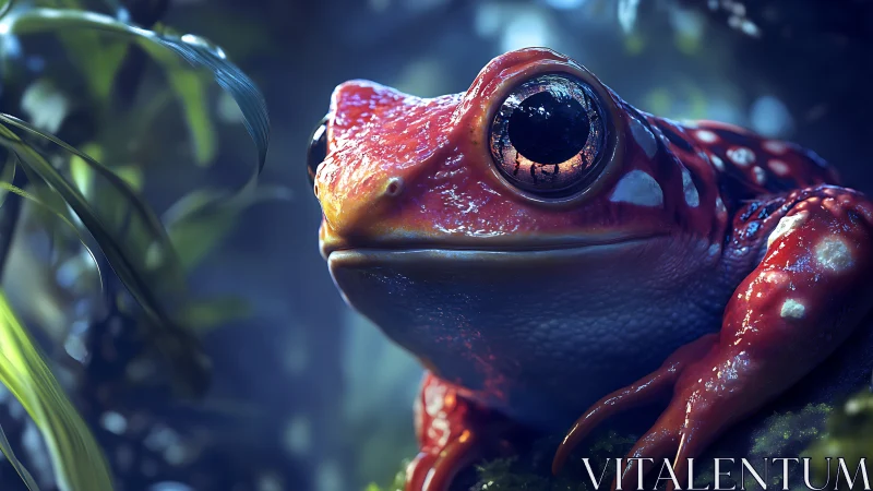 Red frog sits on moss in shallow depth jungle closeup