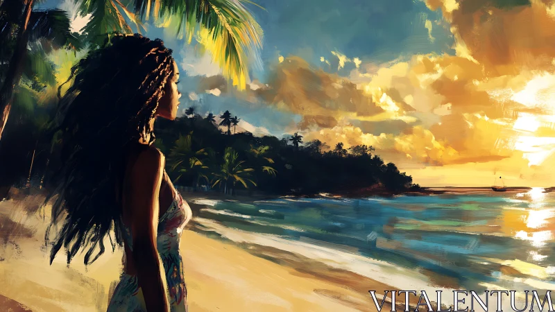 Sunset dreamwatcher on a tropical brushstroke shoreline.