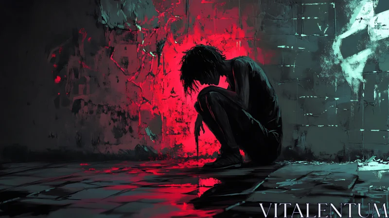 Silhouetted figure crouches in red backlight against decayed wall