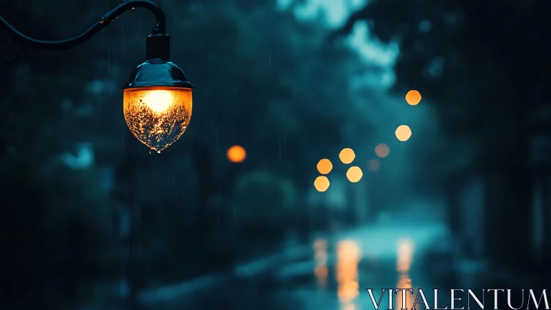 Streetlamp glow on a rainy night in a quiet blue lane.