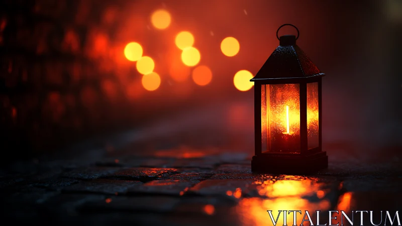 Illuminated Black Lantern on Ground with Bokeh Lights