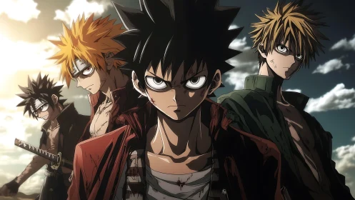 Storm‑eyed rebel quartet under a bruised twilight sky.