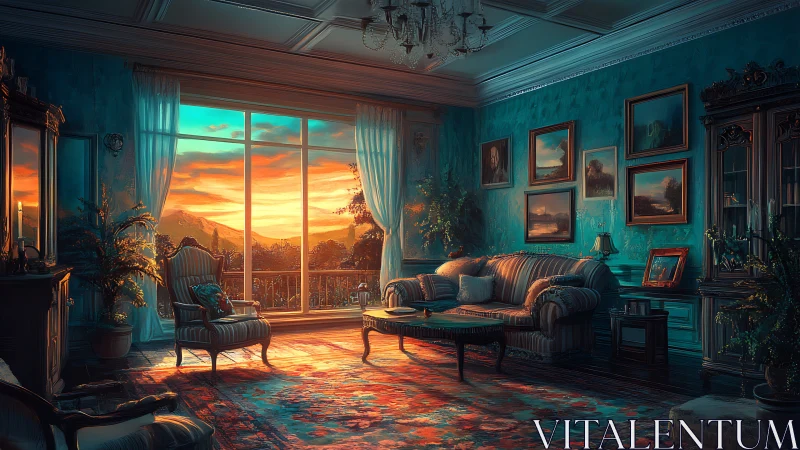 Sunlit teal salon overlooks blazing mountain sunset.