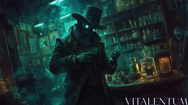 Gaslit alchemist in neon-eyed mask studies vial in occult lab