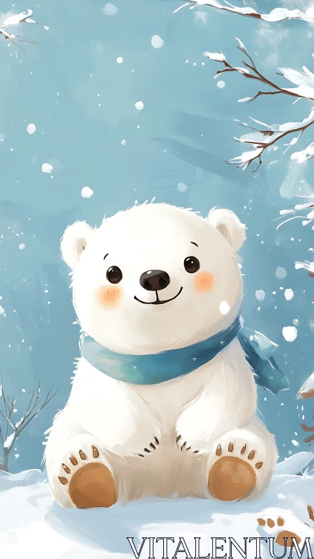 Polar bear cub illustration in snowy winter landscape.