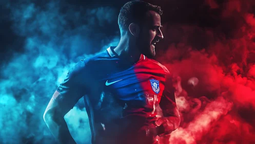 Electric football warrior carved from red and blue stadium smoke.