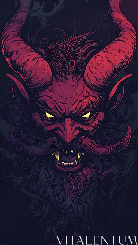 Demonic horned portrait with fanged maw in neon red tones