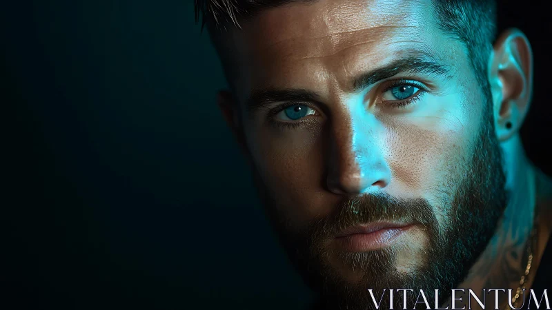 Close-up male portrait in teal rim lighting with shallow depth