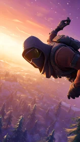 Stealth paratrooper descending over stylized snowy conifer valley