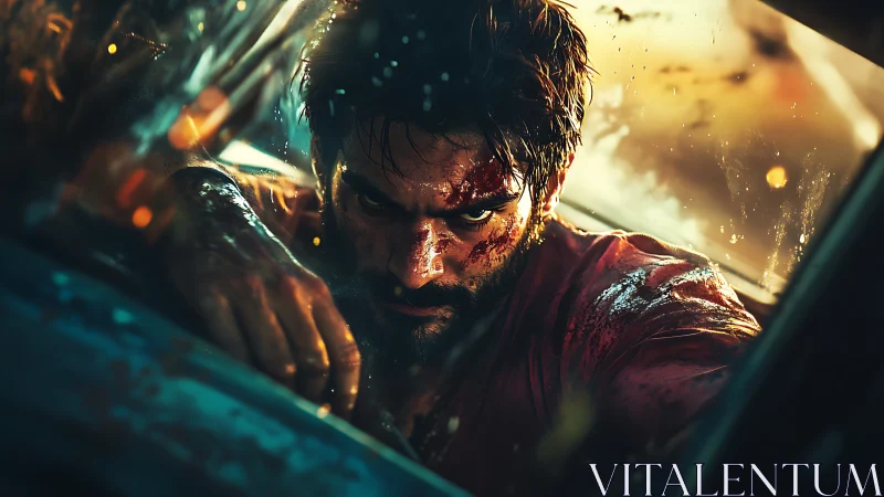 Bloodied driver framed through rain-streaked windshield in dusk