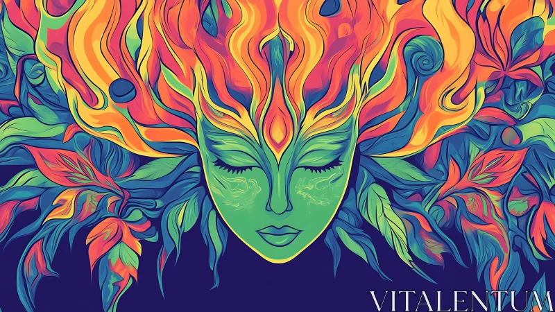 Vibrant green goddess face framed by fire and foliage