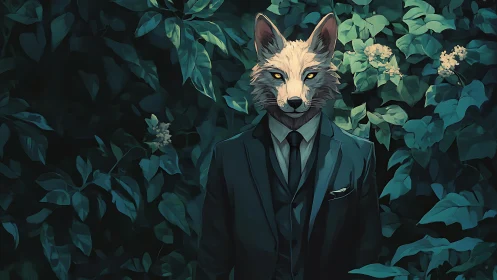 Fox-headed figure in formal suit stands before dense foliage