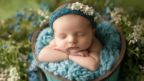 Sleeping newborn in teal wool nest with floral crown outdoors.