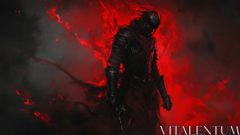 Shadow-clad warlock strides through rising crimson wildfire